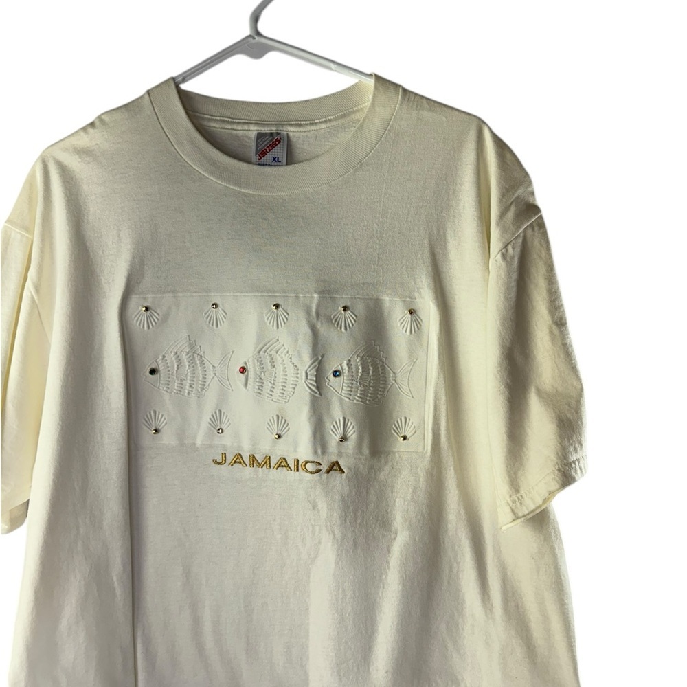 Vintage Jerzees Jamaica seashells fish rhinestones size XL USA